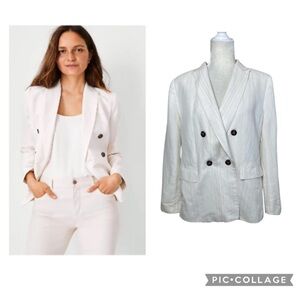 Ann Taylor Ivory Pinstripe Linen Blend Double Breasted Spring Blazer Size 14